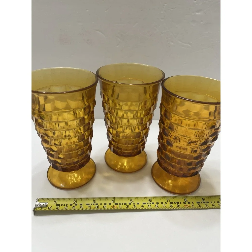 Vintage Indiana Glass Whitehall Colony Amber Cubist Pattern Set Of 3 Footed 6